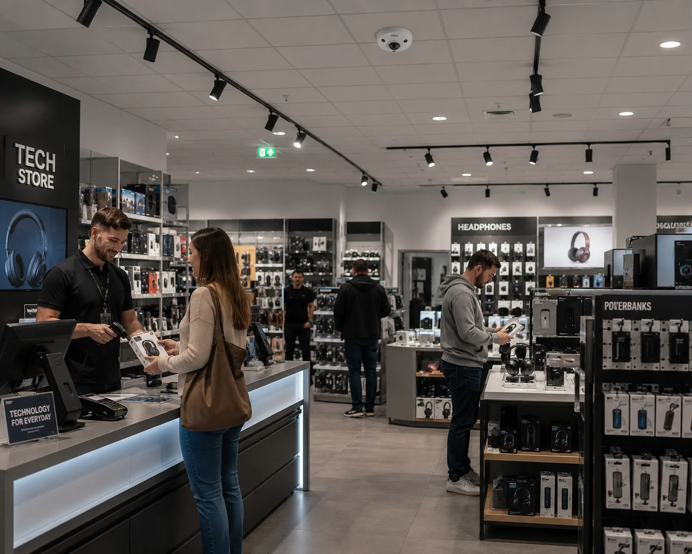 Elektronikfachgeschäft mit Kunden an der Theke und Deckenkamera