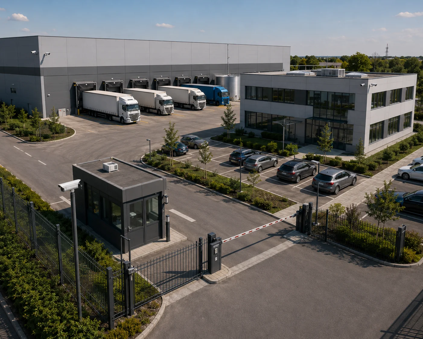 Gewerbehof mit LKW-Verladerampen, Schrankenanlage und Pförtnerhaus, videoüberwacht