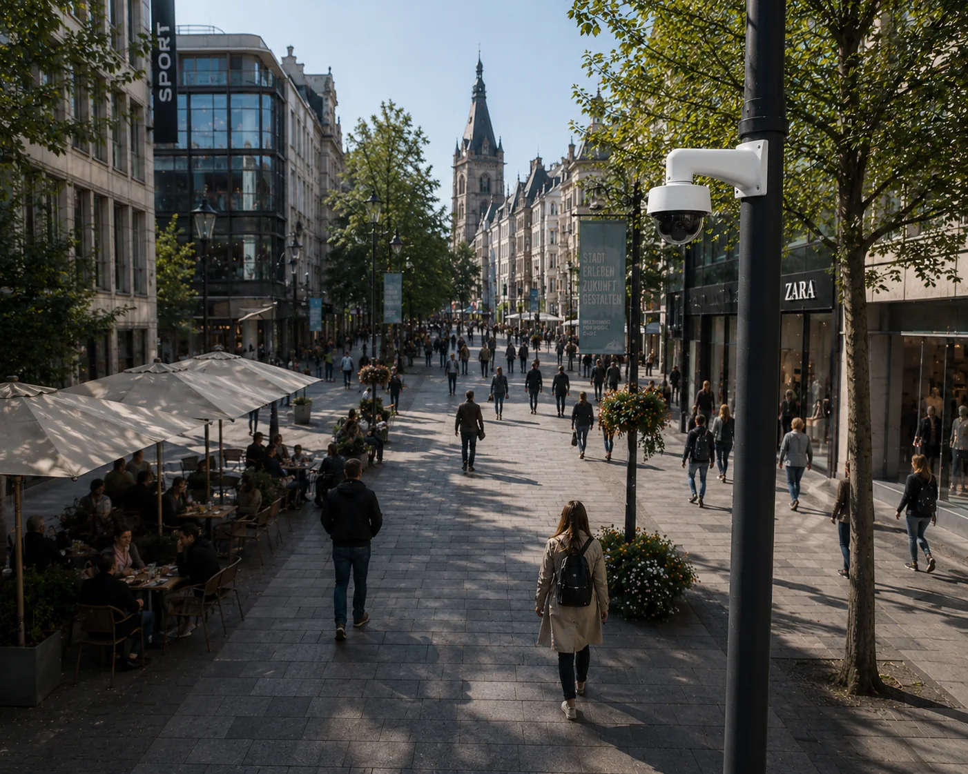 Innerstädtische Fußgängerzone mit Überwachungskamera an einem Mast